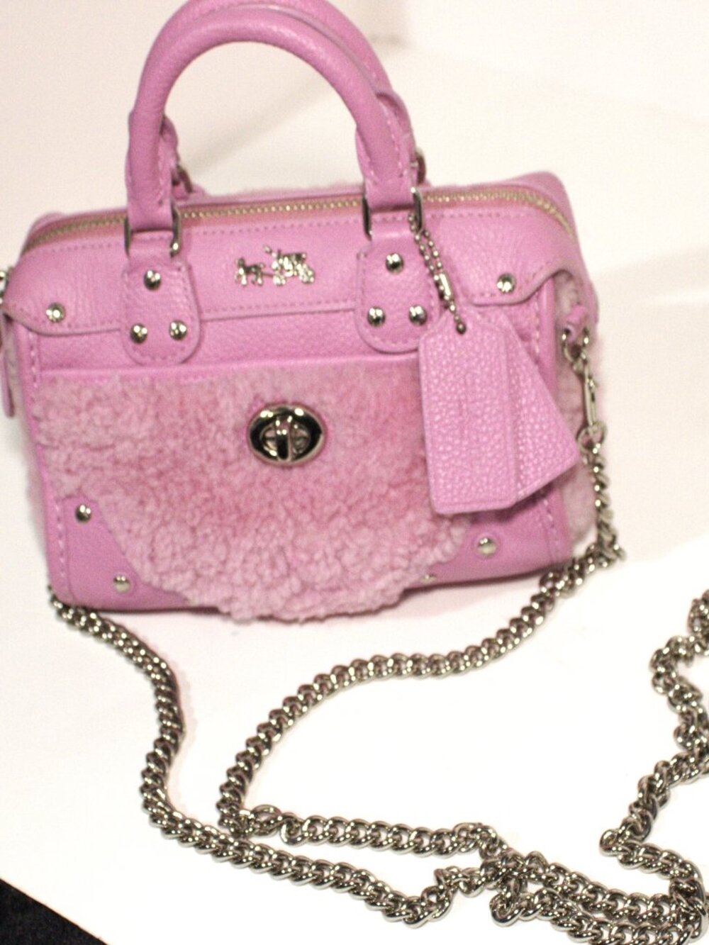 Coach Mini Pink Rhyder 18 Satchel, Bag Charms, Silver Hardware, Shearling Fur